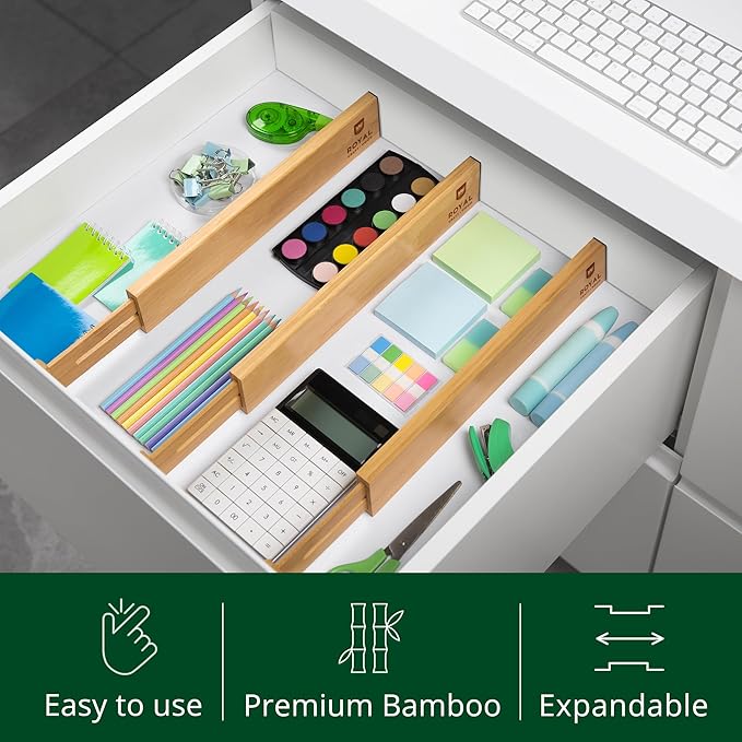 Bamboo Drawer Dividers Organizers, Adjustable Drawer Separator Splitters, 17–22 Inches Expandable Drawer Divider Organizer fo
