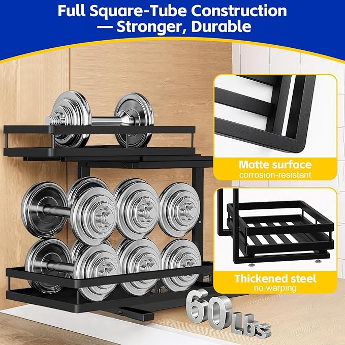 Under Sink Organizer, Dual-Rail Ball-Bearing, Under Kitchen Sink Organizer, 6-Level Adjustable, Under Cabinet Organizer, No-D