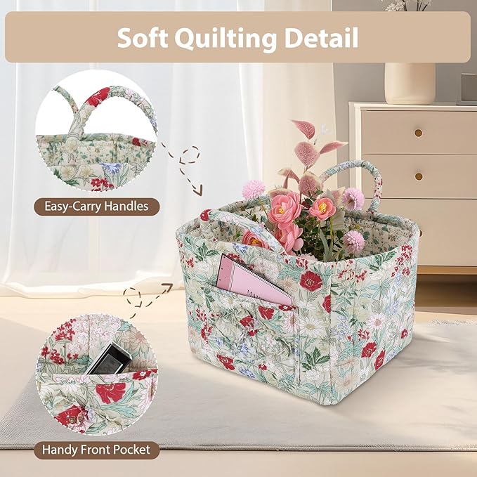 Storage Basket Boho Fabric Large Collapsible Floral Laundry Nursery Hamper Portable Folding Storage for Clothes Toys (Light G