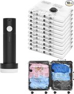 Vacuum Bags for Travel with Rechargeable Pump, 10 Medium Compression Packing Seal Bags for Luggage Suitcase, Space Saver for 