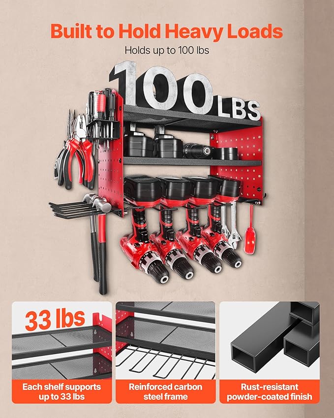 VEVOR Power Tool Organizer Wall Mount, 3-Layer Storage Rack with 4 Drill Holders, Tools Holder and Storage Rack with Side Peg