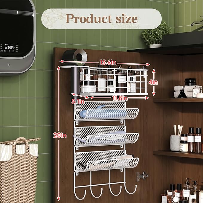 Wall-Mounted Hair Dryer Holder Styling Tool Organizer 4-Shelf Storage Wire Basket with Hook Heat Safe Rack for Hair-Straighte