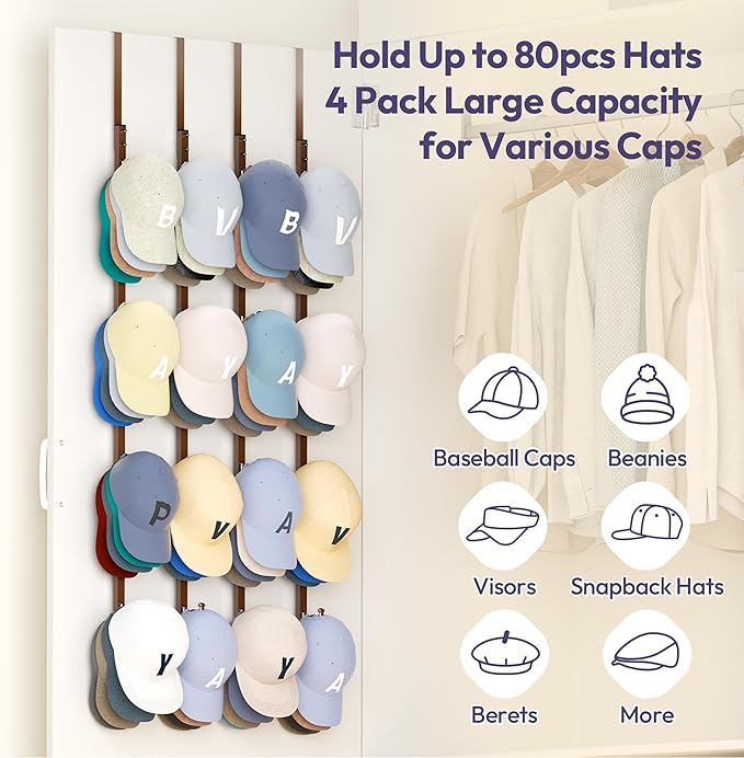SWTYMIKI Over Door Hat Organizer - 4 Packs Metal Hanging Hat Rack with 16 Hooks Design, Baseball Cap Hanger Organizer Storage
