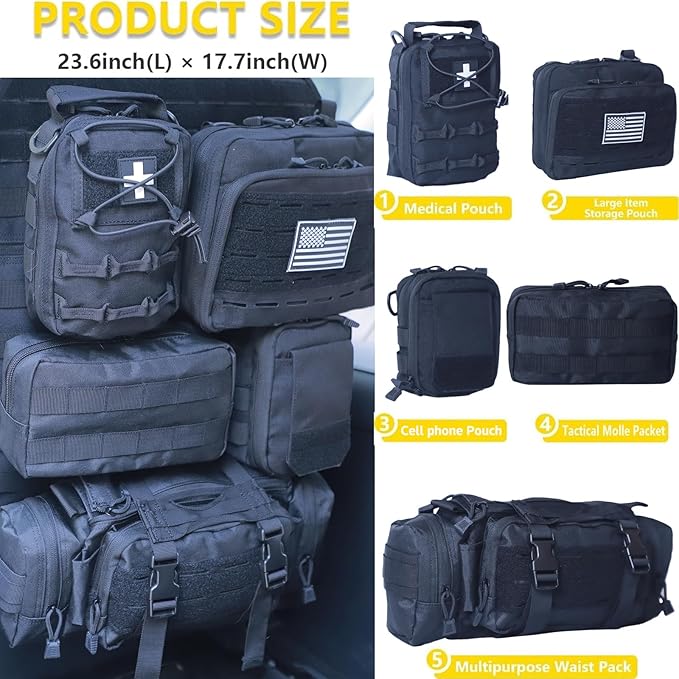 Universal Tactical Car Seat Back Organizer Bag Tactical Molle Vehicle Organizers Panel Vehicle Protector Organizers with 5 Detachable Pouches for Car (Upgraded C Black)