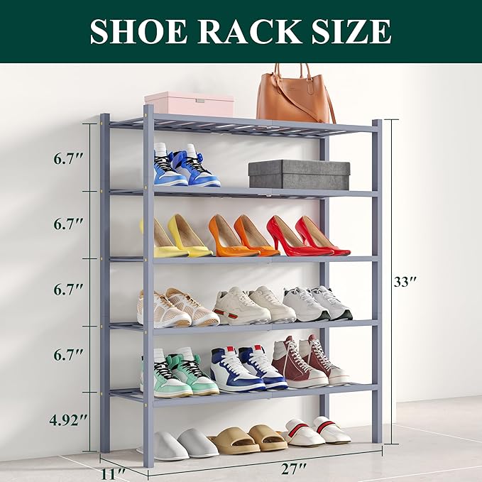 Smiry Shoe Rack, 5 Tier Bamboo Shoe Organizer, Stackable Free Standing Wooden Shoe Storage Shelf for Closet, Entryway, Front 