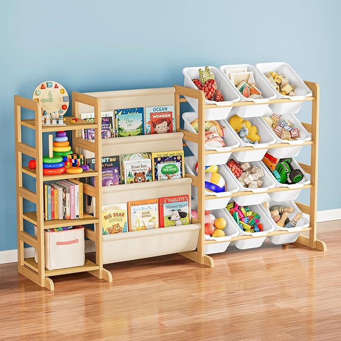 SpaceAid 3-in-1 Toy Storage Organizer with 4 Shelves and 12 Bins, Toy Organizers Storage 3-Tier Bookshelf, Kids Bin Shelf Box