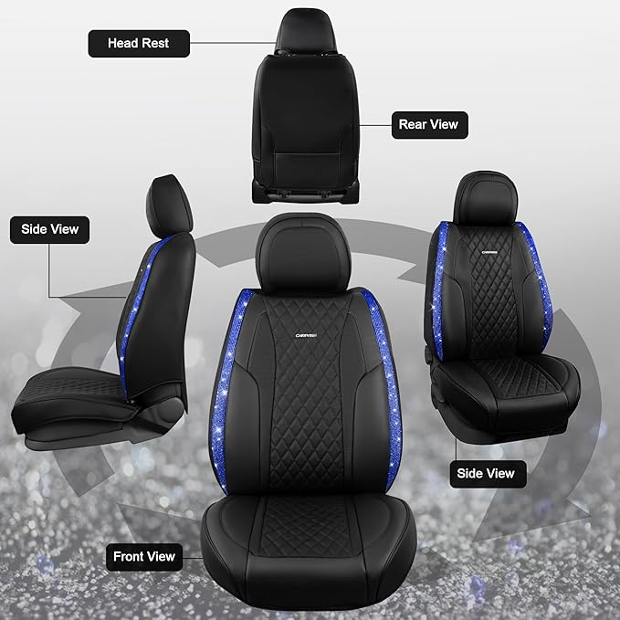 CAR PASS Nappa Leather seat Covers Bling Diamond Car Seat Covers Full Set Universal Cushioned, Waterproof Heavy-Duty Anti-Sli