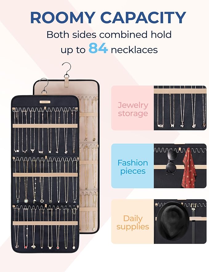 BAGSMART Hanging Necklaces Organizer Jewelry Holder Storage Roll with Hanger Metal Hooks Double-Sided Jewelry Organizer for N