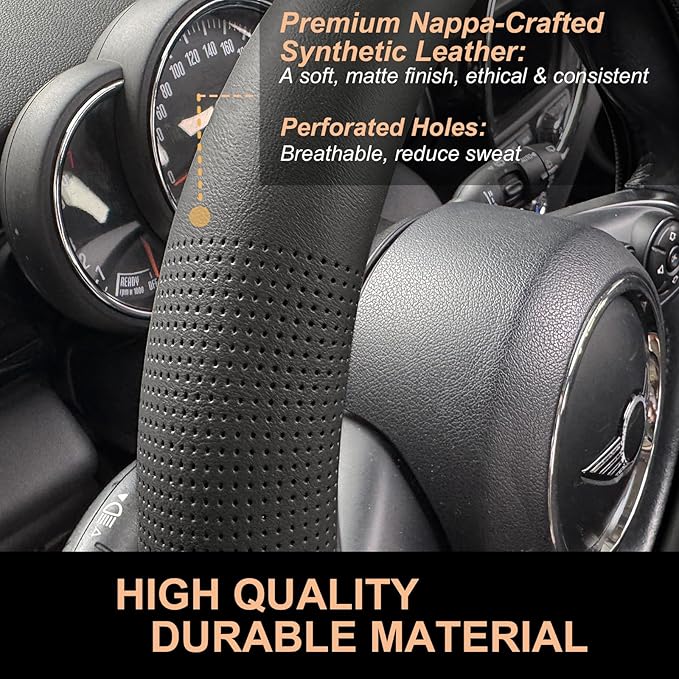 PINCTROT Nappa Leather Steering Wheel Cover, Slim Fit No Bulk Design, One Piece Leather with Breathable Perforation, Fit Like