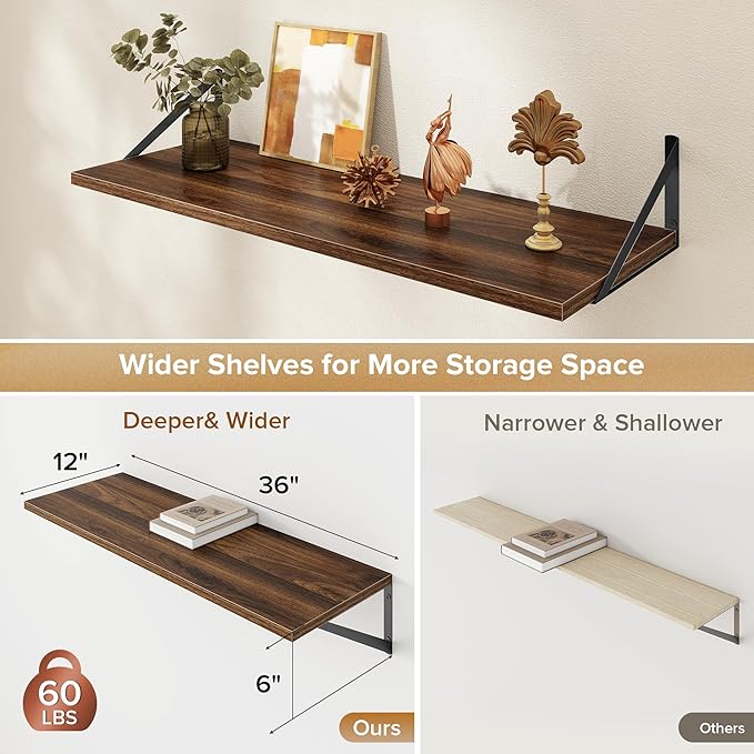 Deep Floating Shelves Wall Mounted, 36"x12" Walnut Wall Shelves with Brackets Set of 2 for Bedroom, Living Room, Bathroom, Ki
