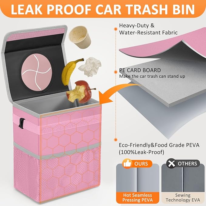 3 Gallons Car Trash Can with Lid, Car Trash Bag Bin Hanging Waterproof Automotive Garbage Cans Leak Proof Vehicle Trash Can Pink