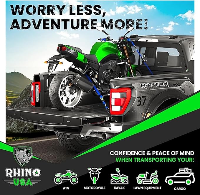 Rhino USA Retractable Ratchet Straps (2-Pack) - 1 Inch x 10 Feet (1,209lb Break Strength) - Auto Self Retracting Tie Down Straps for Truck, Cargo Trailer, Motorcycle, ATV, UTV - Blue