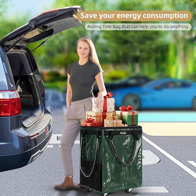 (Medium, Green) Reusable Grocery Bag on 4 Wheels, Foldable Rolling Tote Carries Up to 66lb Shopping Trolley, Rolling Bag with 3 Handles, Zipper Clouser Rolling Tote Bag with Wheels for Laundry