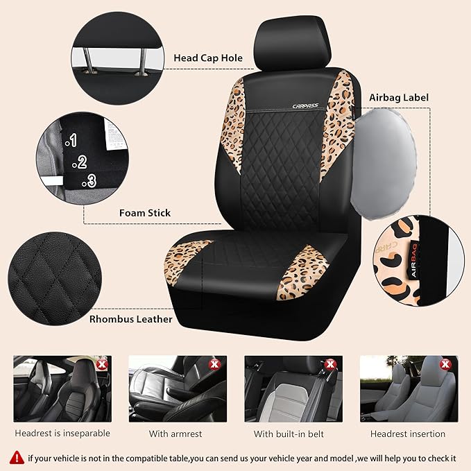 CAR PASS Leather Leopard Two Front Seat Cover Only, Universal Quilting Waterproof Deluxe PU Premium Vinyl Luxury Car Seat Cov