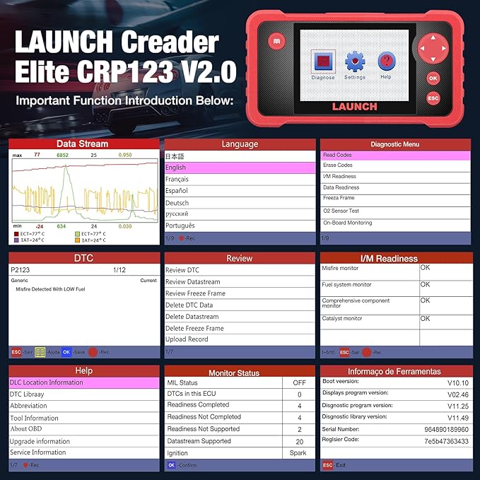 Launch Crp123 V2.0 Obd2 Scanner, 2026 Engine/Abs/SRS/Transmission Car Diagnostic Tool with Oil Reset/Throttle Adaption/SAS