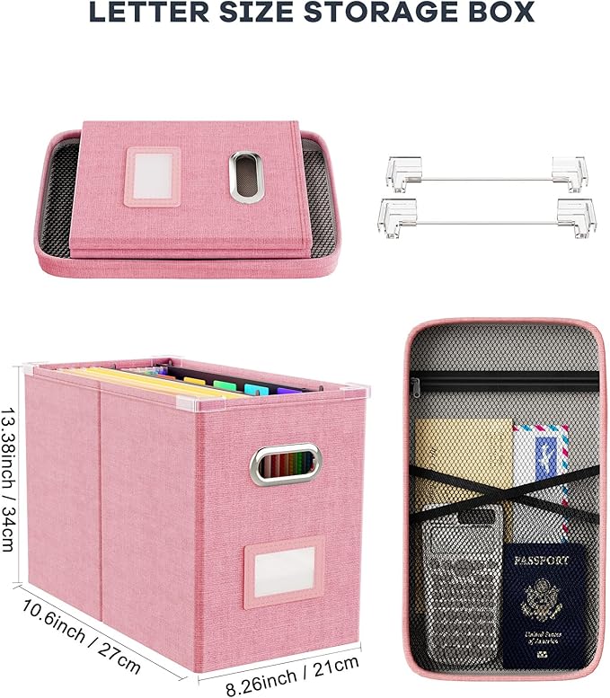 Oterri File Organizer Box with Lid, Hanging Filing File Box with Mesh Pocket, Document Organizer Box for Letter Files, Portab