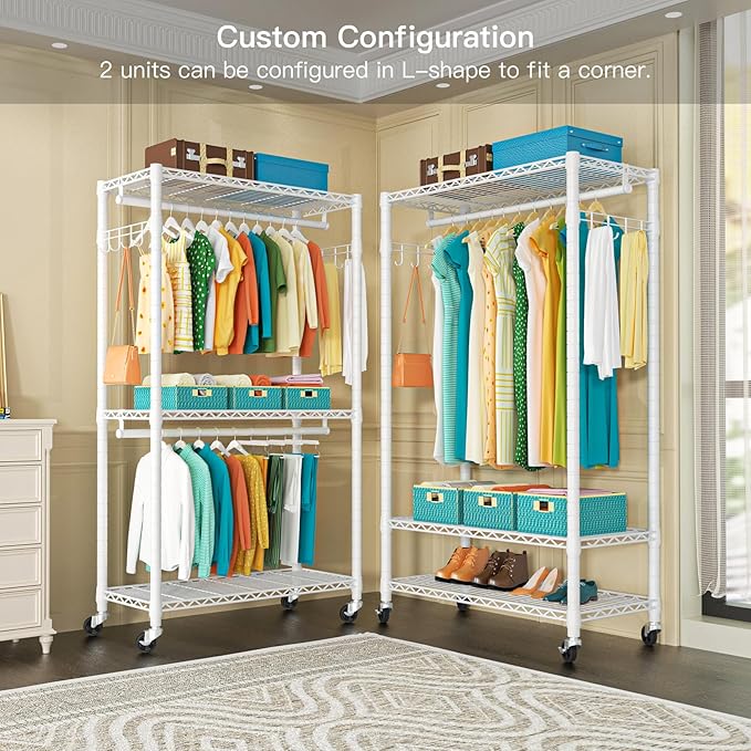 FUTASSI P1 Heavy Duty Garment Rack, 3 Tiers Adjustable Rolling Metal Closet Organizer with Lockable Wheels, FreeStanding Ward