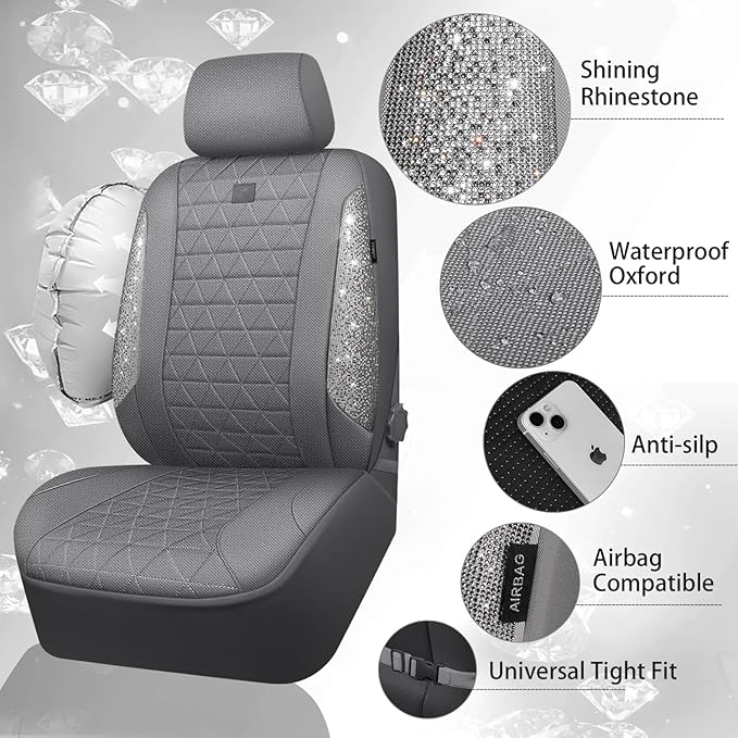 CAR PASS Gray Oxford Bling Diamond Car Seat Covers Full Set Interior Sets, Waterproof Shining Glitter Sparkly Crystal Univers