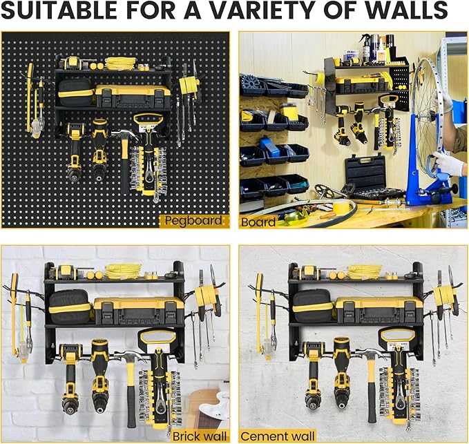 TRZZ Power Tool Organizer Wall Mount, 3-Layer Drill Holder with 2 Side Pegboards, Cordless Drill Rack with 4 Hooks, Efficient
