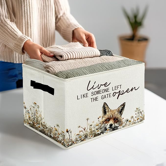 Rustic Fox Storage Bins & Boxes with Handles, Farmhouse Fox Foldable Basket for Organizing, Live Like Someone Left the Gate O