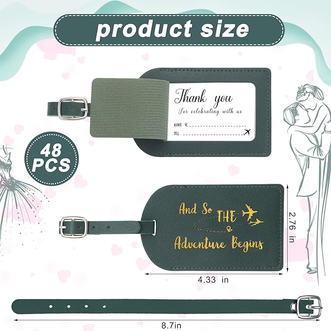 Sweetude 48 Sets Leather Luggage Tag Bulk and So The Adventure Begins Luggage Tags with Name Card for Wedding Bridal Shower B
