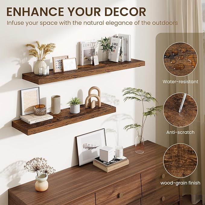 Fun Memories Floating Shelves Set of 2, 40 Inch Long Wooden Wall Shelves, 10 Inch Deep Wall Mounted Storage Shelf with Metal 