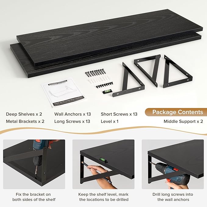 Deep Floating Shelves Wall Mounted, 36"x12" Black Wall Shelves with Brackets Set of 2 for Bedroom, Living Room, Bathroom, Kit