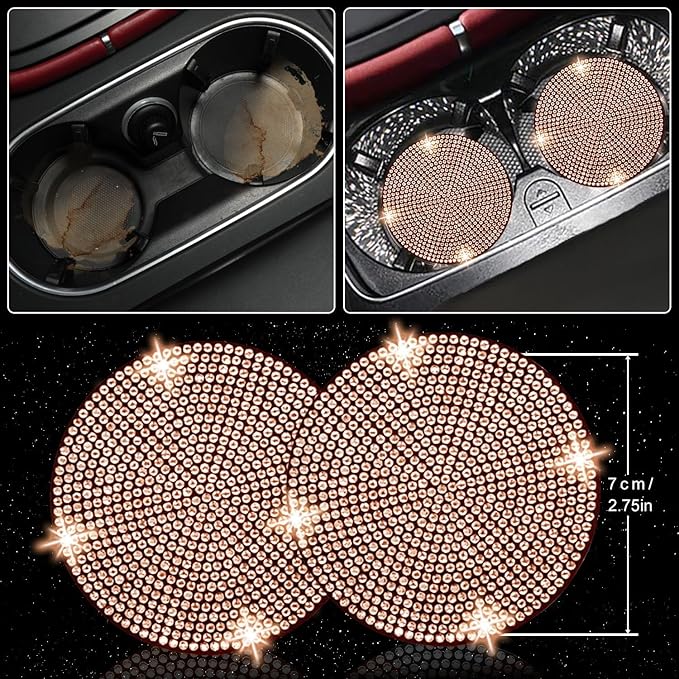 NBTEPEM 30 Pcs Bling Car Accessories Set for Women, Steering Wheel Cover Set, Bling Console Cover, Seat Belt Cushion, Shift Knob Cushion, Cup Coaster, Rhinestone Car Hanging Accessories (Champagne)