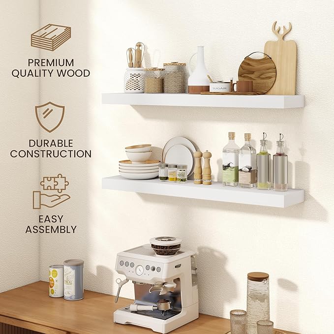 20 Inch Floating Shelves | 6.5 Inch Deep White Floating Shelves Set of 2 | 20" W x 6.5" D Rustic White Wood Wall Shelves with