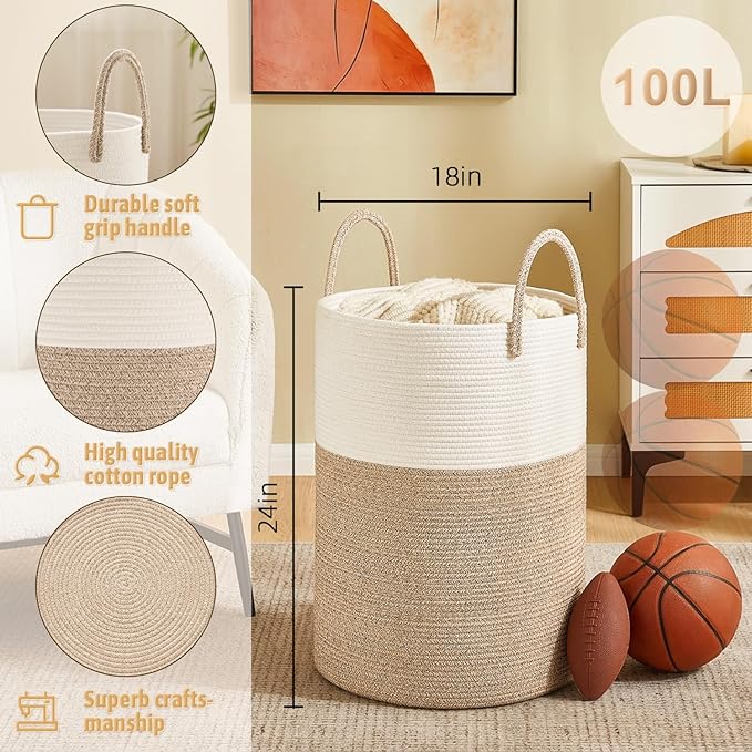 Artfeel Laundry Basket,Woven Cotton Rope Laundry Hamper,100L for Decorative Storage of Dirty Clothes,Toys and Blankets in Bat