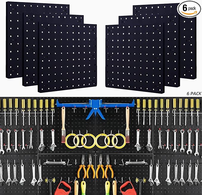 Peg Board Wall Organizer Panels - 6Pcs Black ABS Pegboard Wall Mount for Home, Craft Room, Garage, Kitchen, Workshop, Tool Or