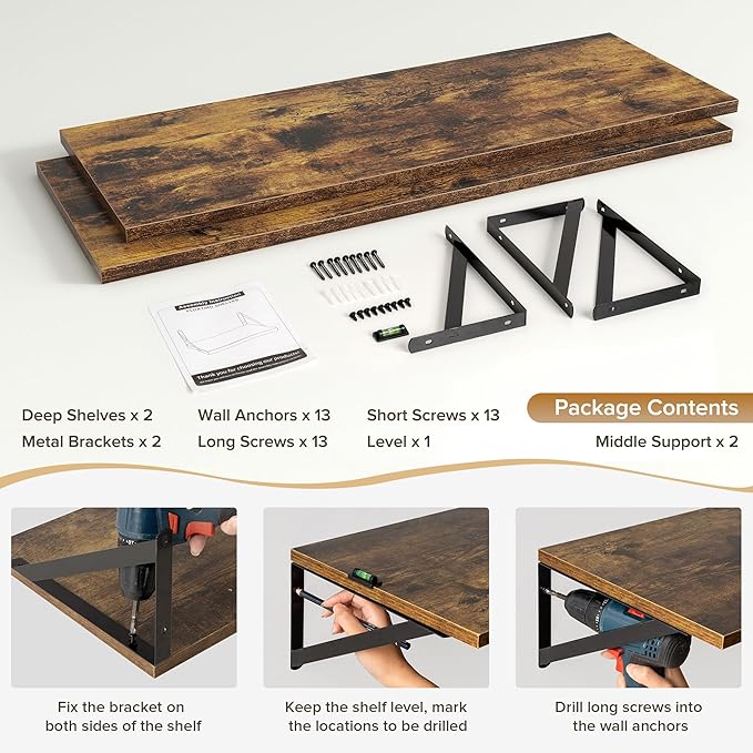 Deep Floating Shelves Wall Mounted, 36"x12" Brown Wood Shelves with Brackets Set of 2 for Bedroom, Living Room, Bathroom, Kit