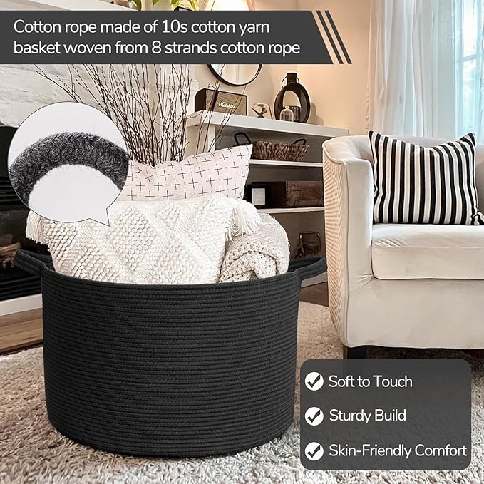 INDRESSME XXXLarge Blanket Basket 21.7" x 21.7" x 13.8" Woven Storage Baskets Soft Cotton Rope Toy Baskets Storage Kids Decor