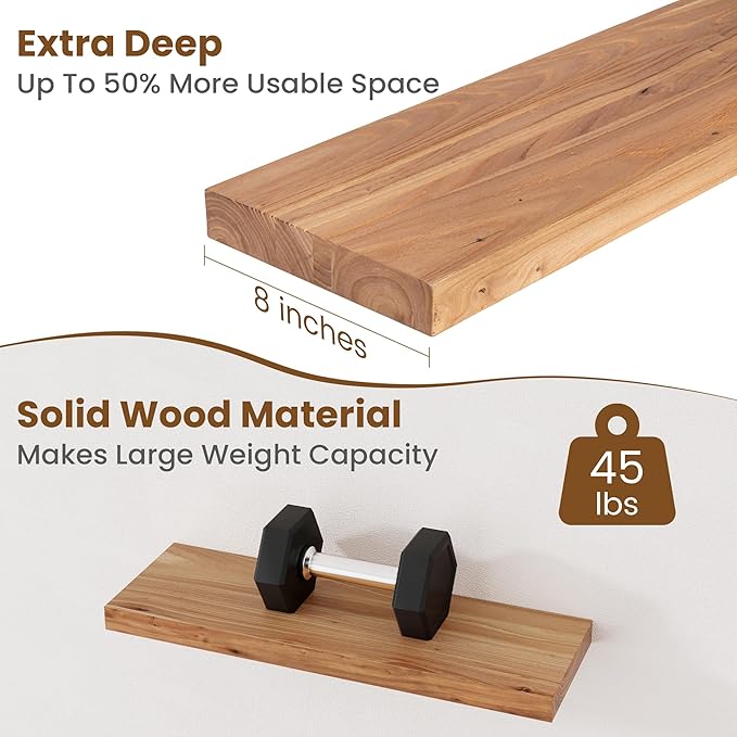 Floating Shelves for Wall Decor, 8" Deep Rustic Solid Elm Wood Floating Shelves Wall Mounted, Wall Shelves with Invisible Bra