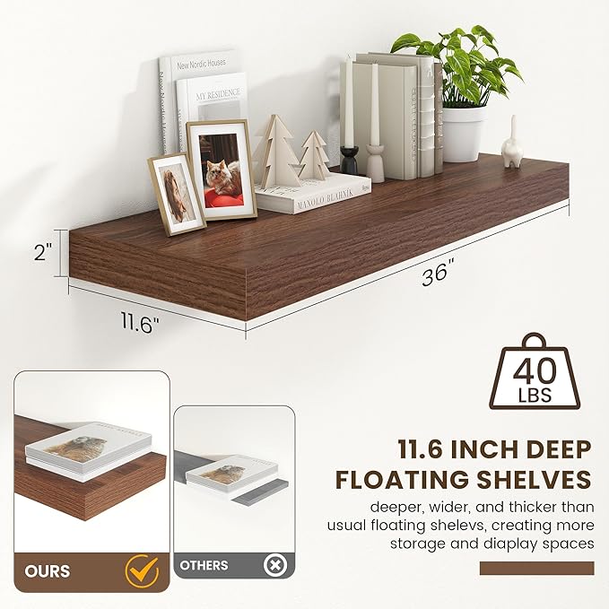 12 Inch Deep Floating Shelves | 36 Inch Walnut Floating Shelves | 36" W x 12" D Rustic Wood Shelves for Wall | Deep Walnut Sh