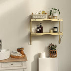Elegant Gold Wall Shelf — 2 Tier Decorative Metal Storage Floating Shelf with Openwork Floral Pattern, 20" x 24"