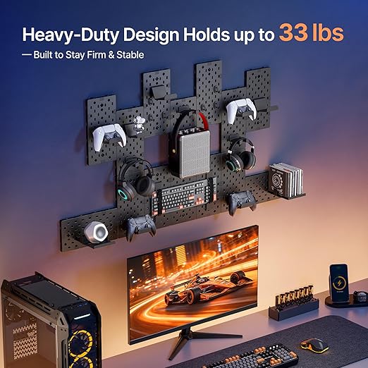 PEGZONE Controller and Headphone Holder Wall Mount, Modular Gaming Pegboard with Accessories, Controller Stand for Xbox PS5 P