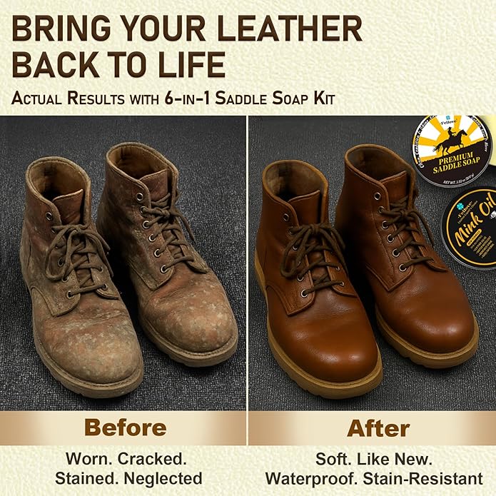 Leather Boot Care Kit – Mink Oil & Saddle Soap for Leather with Applicators & Cloths – 6-Piece Leather Shoe Care Kit for Cowb