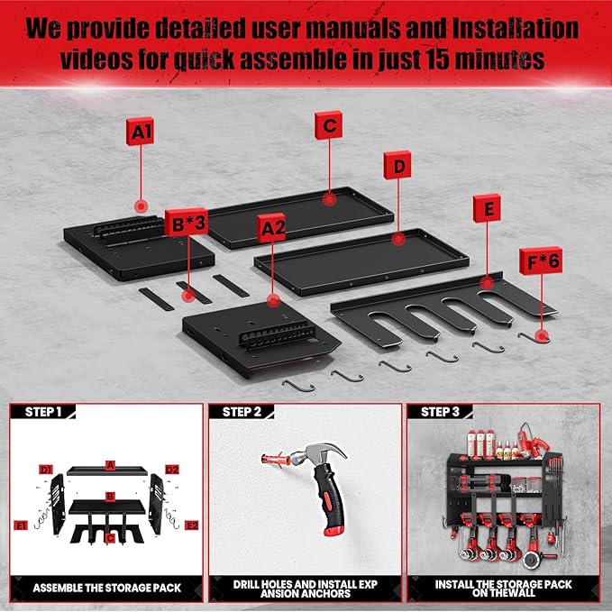 Hipidian Power Tool Organizer Wall Mount: Heavy Duty Storage Organization Stand Cordless -3 Layers Large Garage Organizer wit