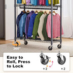 M MZG Heavy Duty Rolling Garment Rack 3 Tiers Adjustable Wire Shelving Clothes Rack with 2 Rods and Side Hooks,Storage Closet
