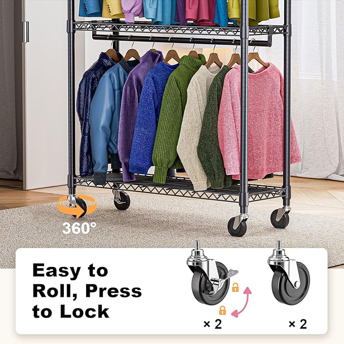 M MZG Heavy Duty Rolling Garment Rack 3 Tiers Adjustable Wire Shelving Clothes Rack with 2 Rods and Side Hooks,Storage Closet