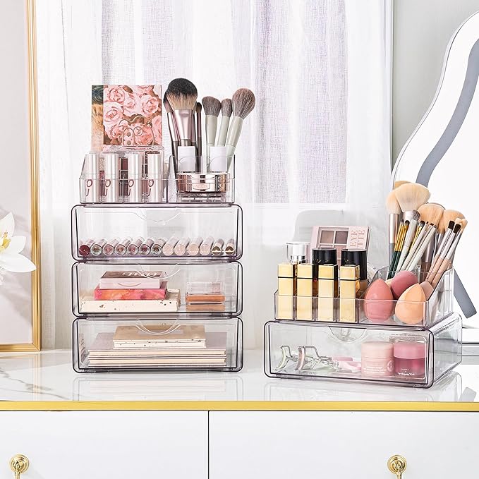 Vtopmart 3 Tier Clear Makeup Organizer with Drawer, Cosmetic Storage for Dresser Countertop and Bathroom Vanity, Beauty Holde