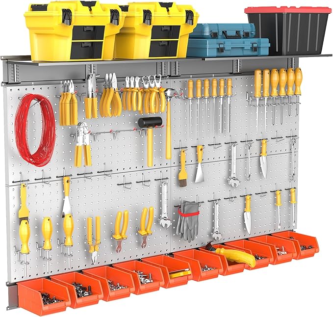 TORACK Metal Pegboard with Peg Board Hooks, Tools Storage Pegboard with Pegboard Hooks, Wall Mounted Storage Bins, Shelves, T
