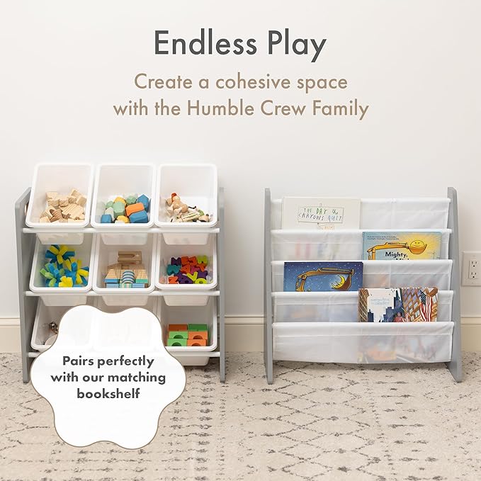 Humble Crew 9-Bin Toy Organizer – Inspire Grey with White Plastic Bins, 3-Tier Storage Solution for Kids' Playrooms and Nurse