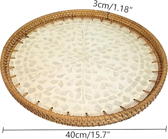 16" Large Natural Rattan & White Mother of Pearl Lazy Susan, Boho Rotating Turntable Serving Tray for Dining Table Centerpiec