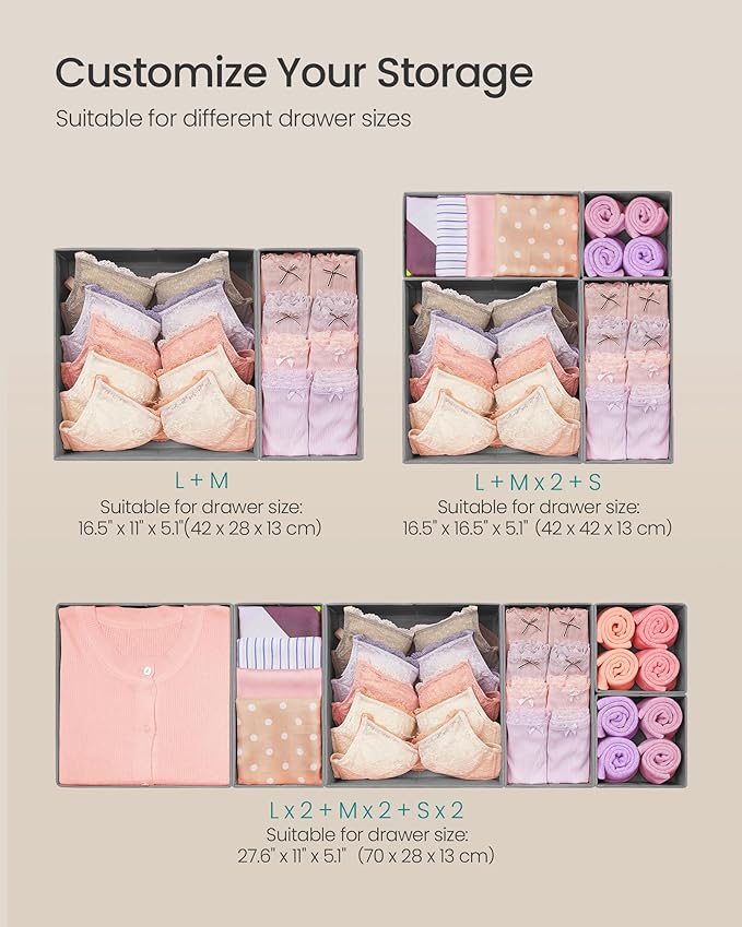 SONGMICS Drawer Organizers, Dresser Divider Organizers, Set of 12, Foldable Fabric Storage Boxes for Socks, Underwear, Bras, 