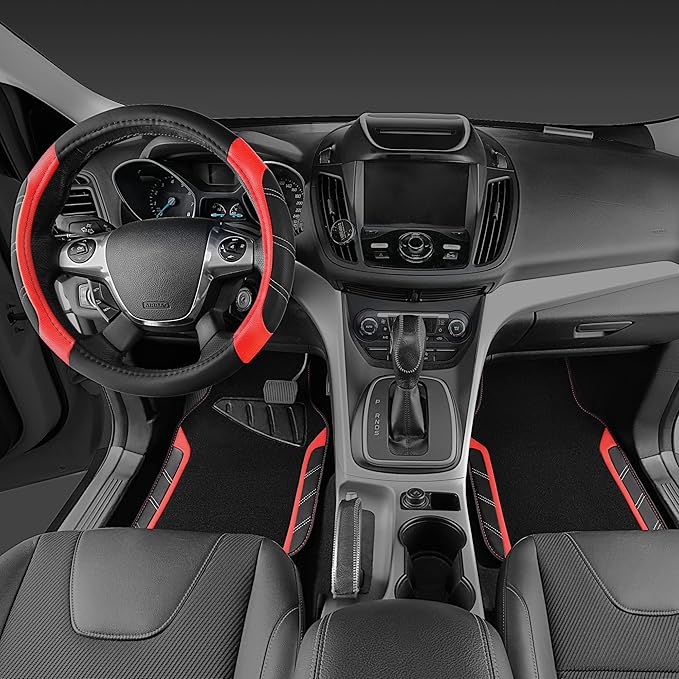 CAR PASS Leather Steering Wheel Cover and Waterproof Car Floor Mats,Microfiber Universal Car Combo Fit for 95% Sedan,SUV,Cars