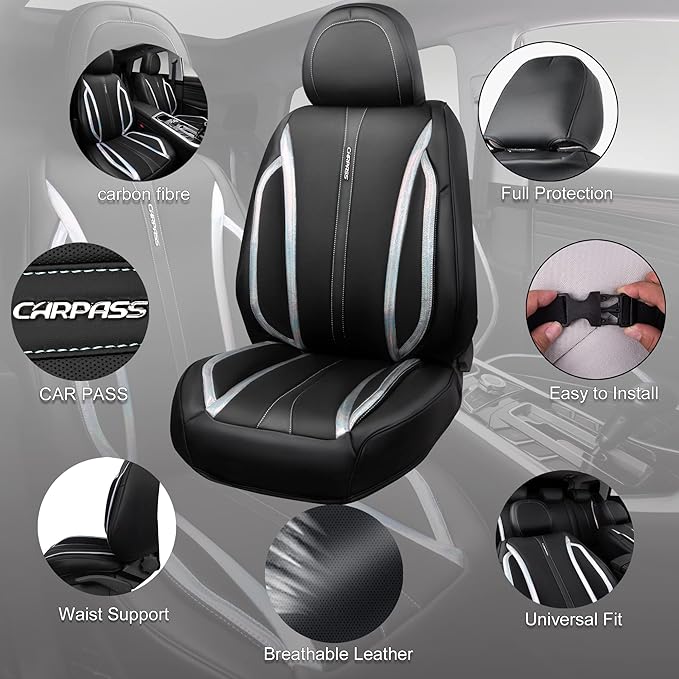 CAR PASS Nappa Leather Holographic Laser Car Seat Covers Front Seats Only Cushioned, Waterproof Waist Protector Universal fit