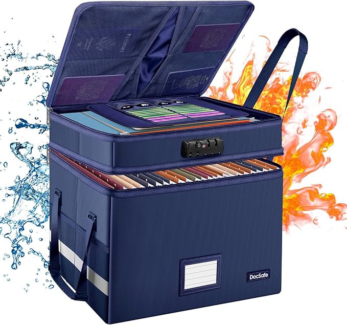 DocSafe File Box with Lock,Multi-Layer Fireproof Document Box Collapsible File Storage Organizer with Pockets/Handle,Large Po