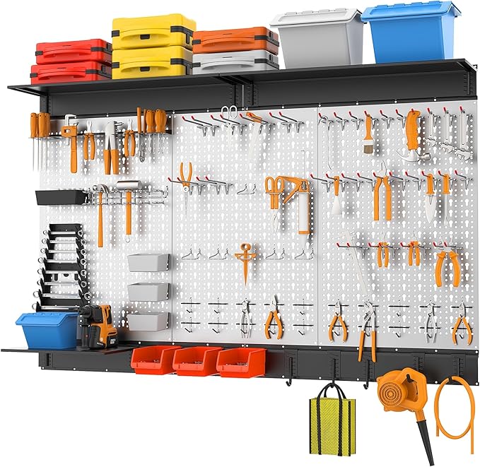 WALMANN 113 PCS Pegboard Wall Tool Organizer Kit with Pegboard Hooks, Bins, Pegboard Tools Storage System for Garage, Modular